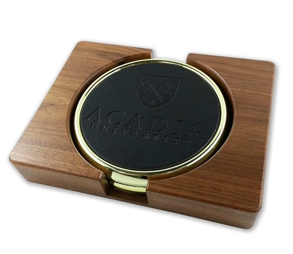 ~ S/2 gold coasters with walnut holder