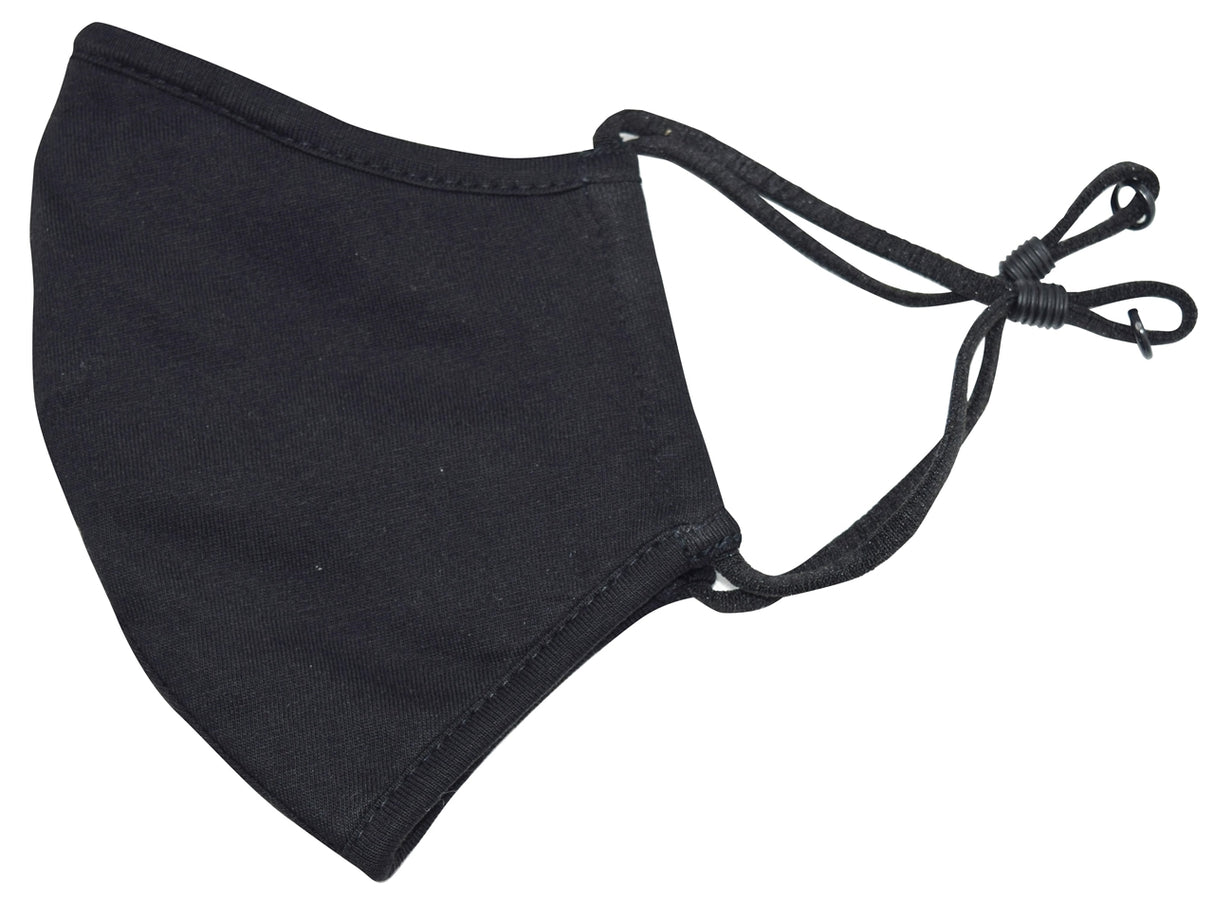 3 Layer Adult Size Fashion Face Mask. Black Cotton with Polypropylene filter. Adj straps/nose clip