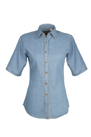 Ladies Short Sleeve Gold Top Stitch Denim Shirt (XS-2XL)