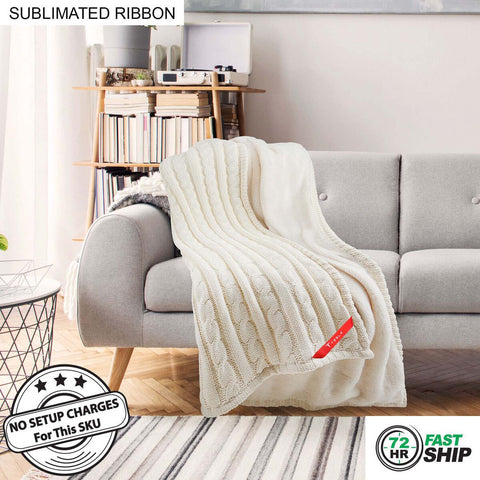 72 Hr Fast Ship - Premium Cable Knit Cotton Throw, 50x60, with Sublimated Ribbon, NO SETUP CHARGE