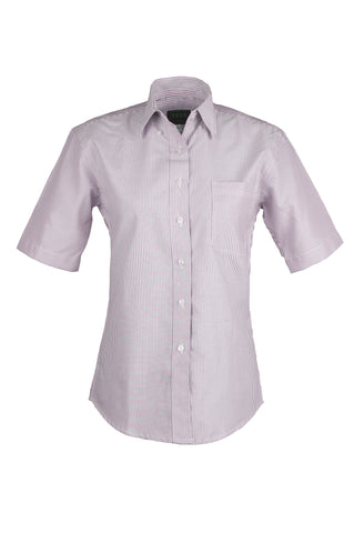 Ladies Cotton Blend Oxford Striped Short Sleeve Shirt (Burgundy) (XS-3XL)