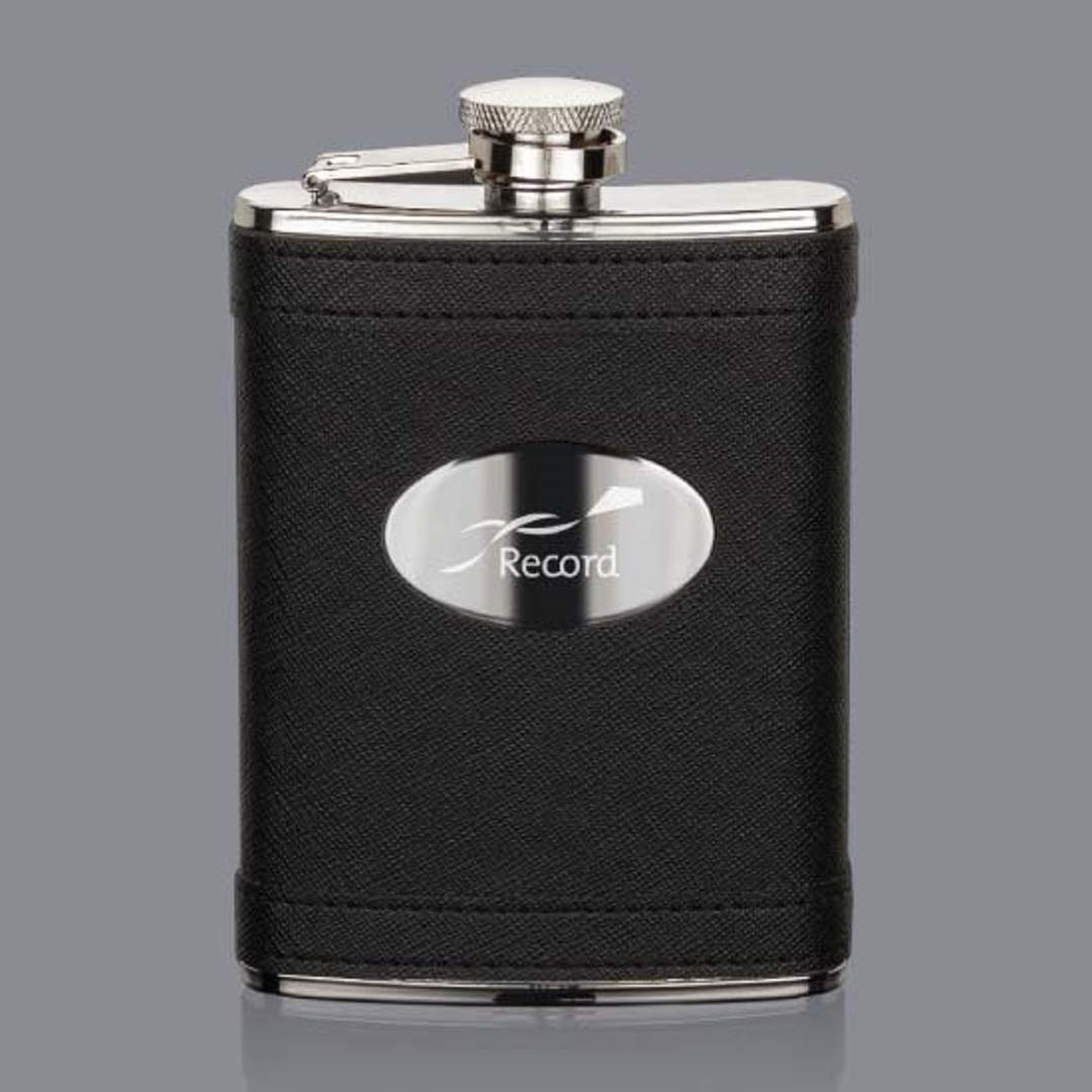 Hodge Hip Flask -  Black/Stainless Plate